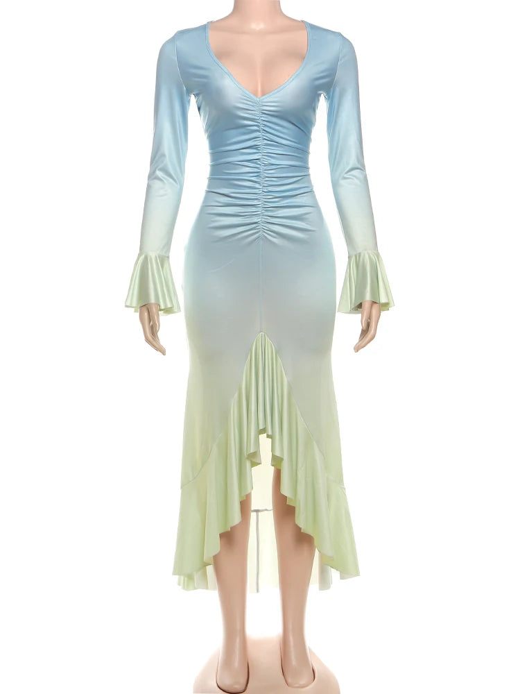 Sexy Gradient Dress Women Y2K Elegant Folds Split Ruffles Full Sleeve Low-Neck Party Banquet Stretch Skinny Vestidos
