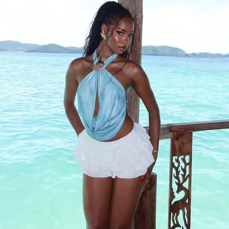 Plunge Neck Open Back Halter Top Summer Women Beach Resort Wear Sexy Backless Tops with A Seashell Pendant