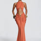 Women Halter Mermaid Sexy Maxi Dress Hollow Out Cutout Metal Lock Decor Ruched Bodycon Dress Evening Party Club Dress