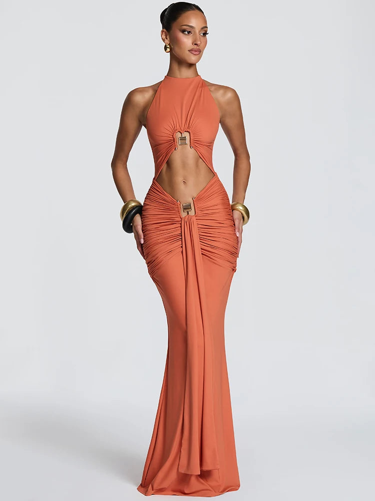 Women Halter Mermaid Sexy Maxi Dress Hollow Out Cutout Metal Lock Decor Ruched Bodycon Dress Evening Party Club Dress