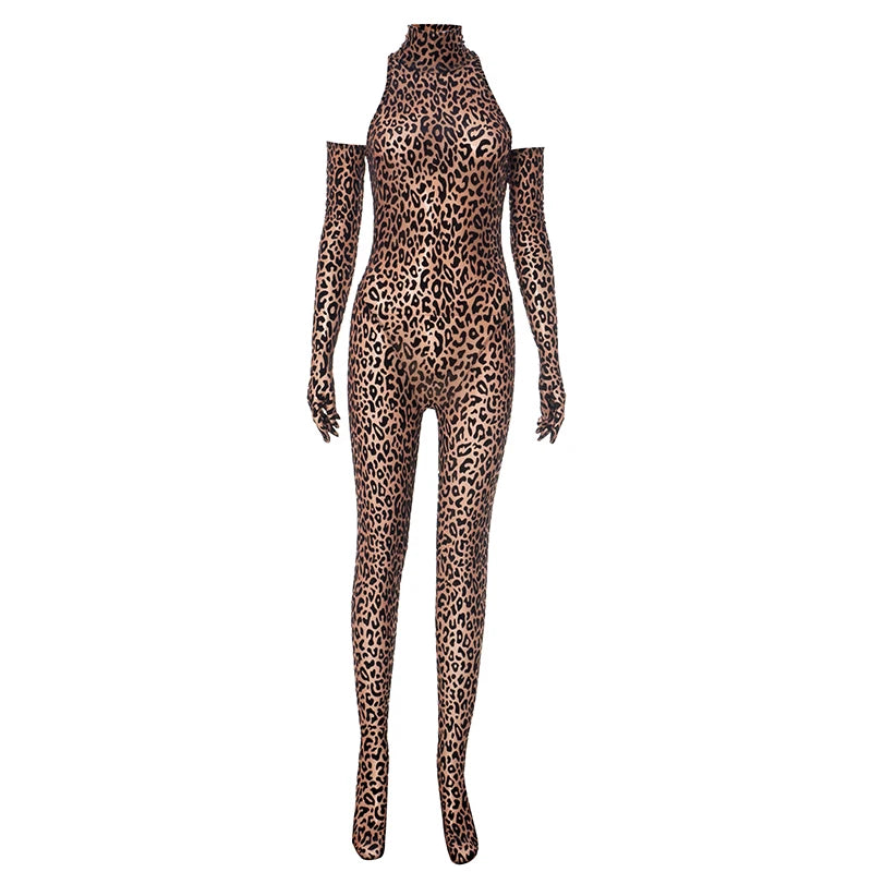 Wild Leopard Print 2 Piece Set Women Long Sleeve Glove+Turtleneck Strapless Skinny Jumpsuit Street Trend Sexy Suit