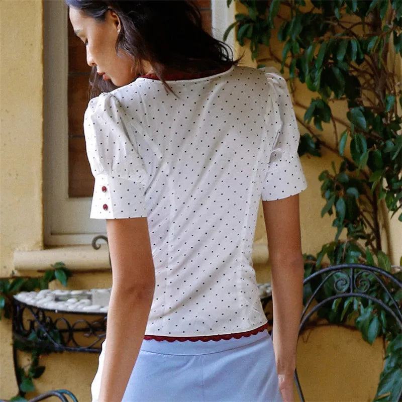 Women Short Sleeve Shirts Dot Print Lace Trim Buttons Scoop Neck Blouses Summer Slim Fit Casual Tops Streetwear