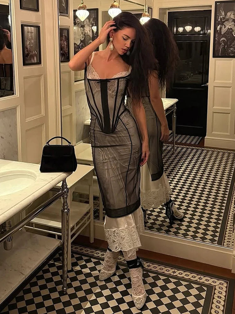 Sexy Double-Decker Lace Dress Women Fake 2-Piece Patchwork Bow Jacquard Elegant Slip Birthday Evening Skinny Bodycon