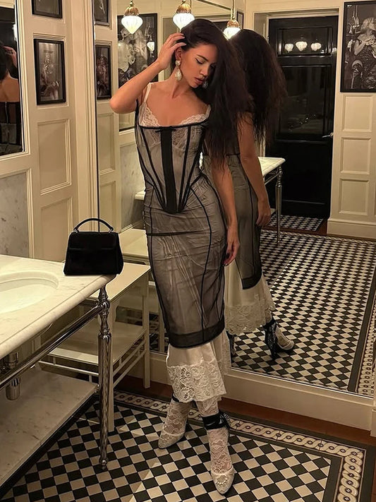 Sexy Double-Decker Lace Dress Women Fake 2-Piece Patchwork Bow Jacquard Elegant Slip Birthday Evening Skinny Bodycon