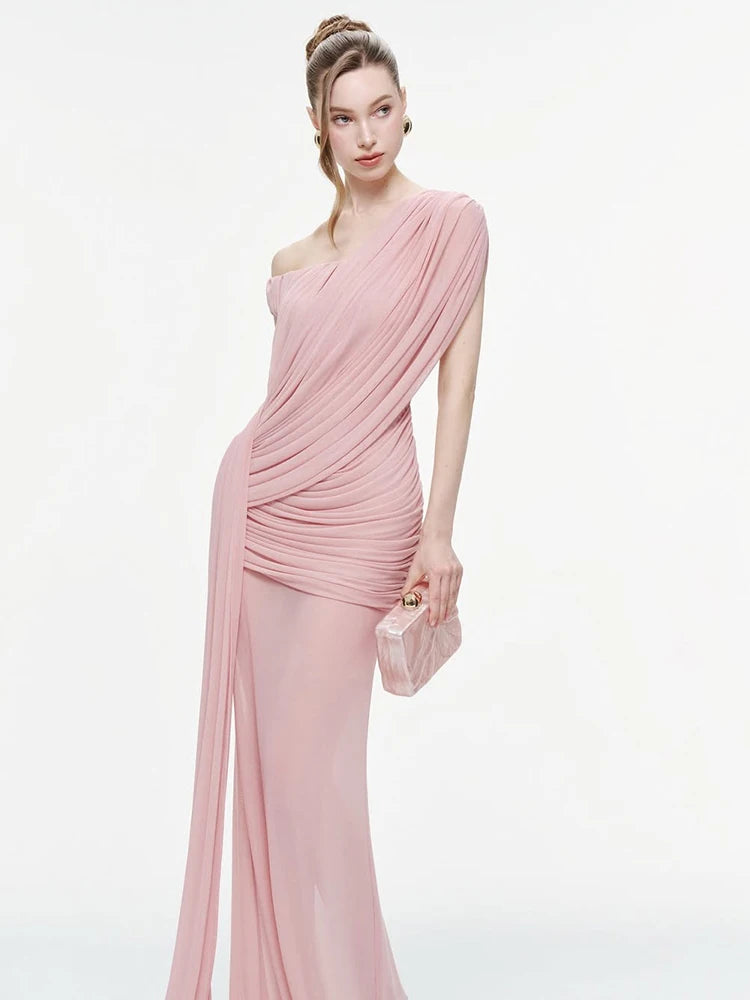 Irregular Collar Maxi Dress Women See Through Hem Folds Tassel  Skinny Birthday Party Summer Fashion Classic Vestidos