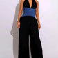 Contrast Patchwork Wide-Leg Jumpsuit Women Lace-Up Halter Low-Neck Backless Sleeveless Zipper Ruched Fashion Overalls