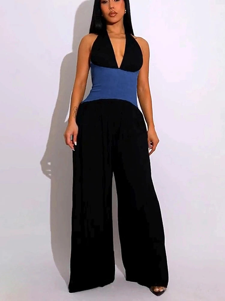 Contrast Patchwork Wide-Leg Jumpsuit Women Lace-Up Halter Low-Neck Backless Sleeveless Zipper Ruched Fashion Overalls