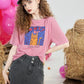 Cartoon Cat Print T-Shirt for Women, Cute Graphic Tee with Fun Text Detail, Casual Pink Summer Top for Daily Outfits