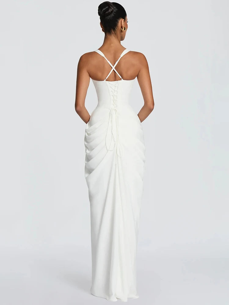 Women Sexy Maxi Dress Sleeveless Sweetheart Neck High Split Draped Ruched Long Party Dress Formal Wedding Guest Dress