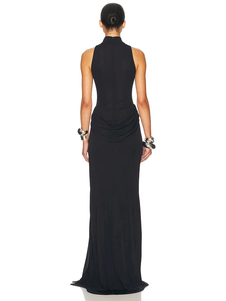 Summer Split Maxi Tank Dress Women Gown Fashion Solid Elegant High Waist Ruched Slim Evening Club Party Long Dress