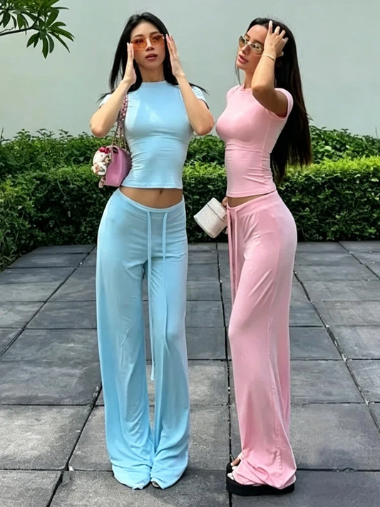Daily Casual Fashion 2 Piece Set Woman o-Neck Short Sleeve Crop Tops+Drawstring Long Pants Solid Simple Basic Style Suits