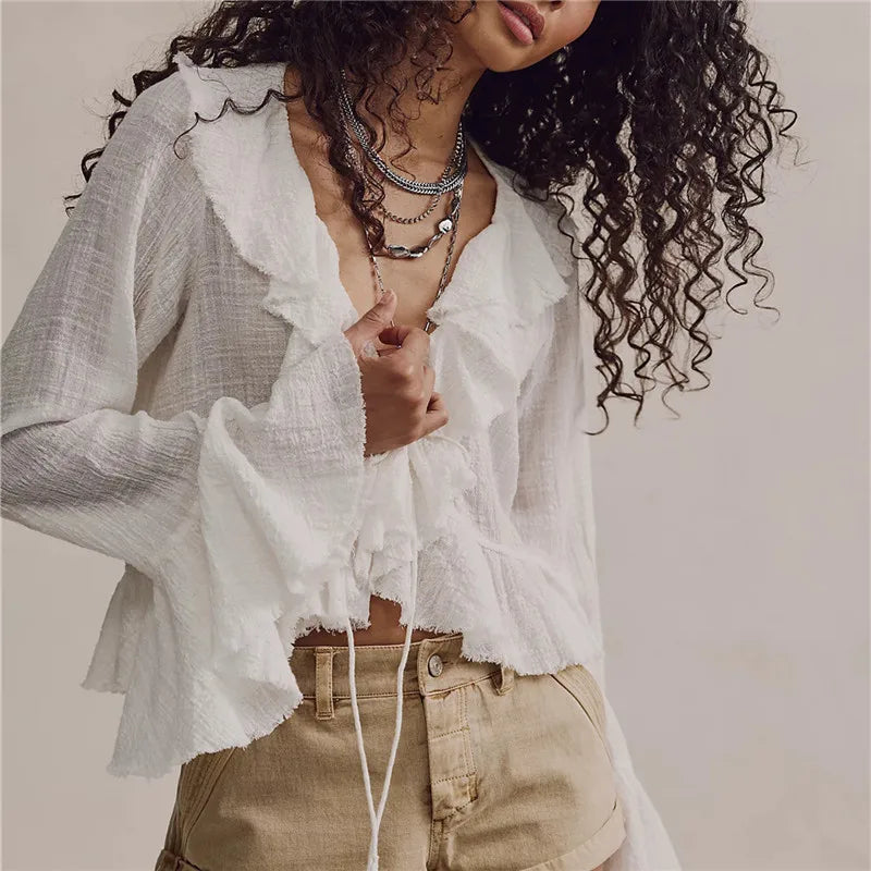 Y2K Retro Raw Fringe Ruffle Crop Blouse Women Crinkled Texture V Neck Tie Front Flare Long Sleeve Casual Street Shirts