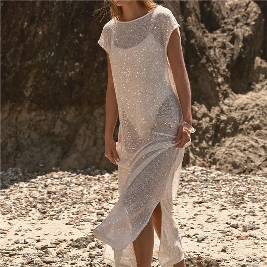 Women's Sequin Long Dress Summer Fashion Short Sleeve Solid Loose Fit Gown with Side Slits Sparkly Sheer Knit Sundress