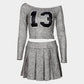 2-Piece Set Women One Shoulder Long Sleeves Letter Print Biased Collar Crop Tops+Pleated Skirt Street Matching Suits