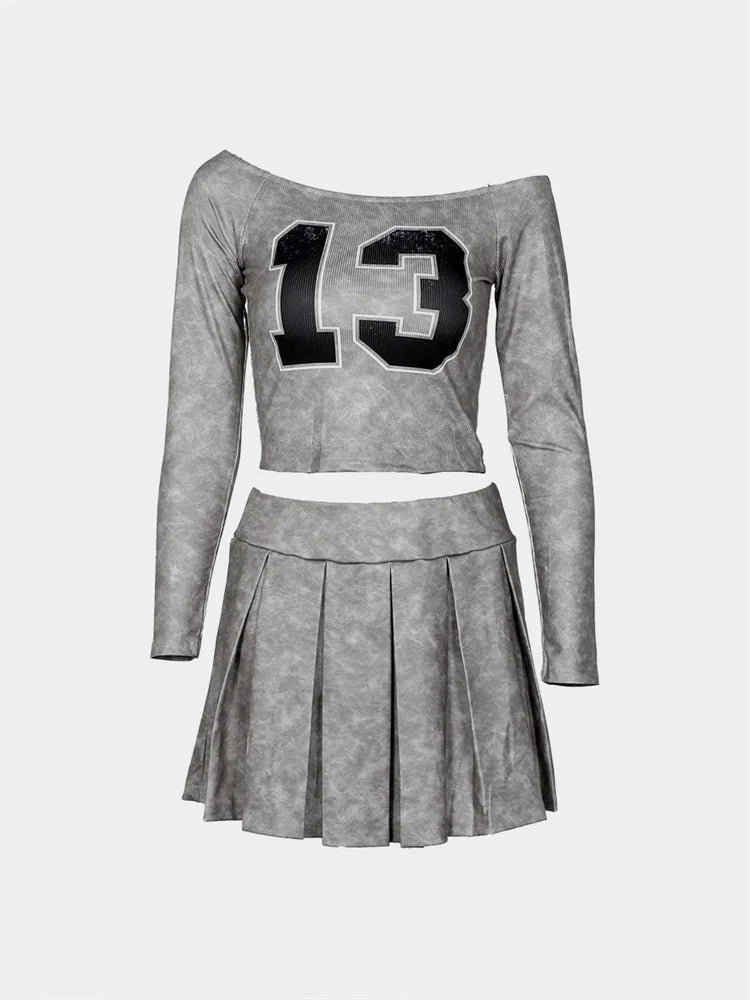 2-Piece Set Women One Shoulder Long Sleeves Letter Print Biased Collar Crop Tops+Pleated Skirt Street Matching Suits