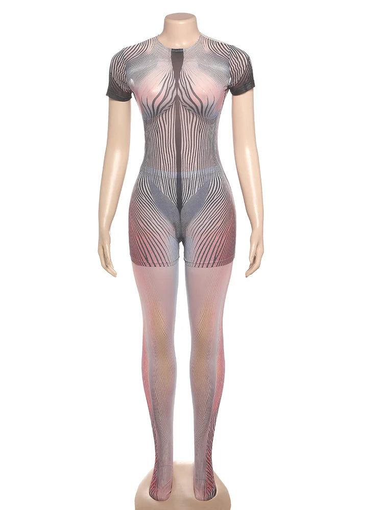 Striped Patchwork 2 Piece Set Women o-Neck Short Sleeve Skinny Playsuits+Mesh Long Pants Club Wild Style Trend Suits