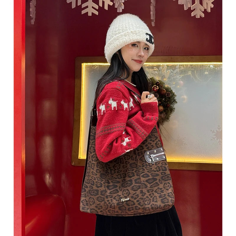 Y2K Casual Leopard Large Capacity Suede Crossbody Shoulder Bag For Women