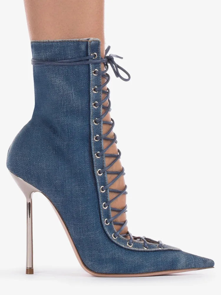 2026Spring/Summer New Lace Up Short Cool Boots Side Zipper Banquet Slimming High Heels Sexy Knee Length Women's Boots