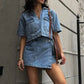 Chic Women Denim 2 Piece Set V Neck Short Sleeve Jean Tunic Tops Irregular Hem Mini Skirt Shorts Set Y2K Streetwear
