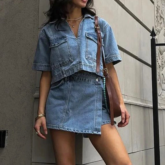 Chic Women Denim 2 Piece Set V Neck Short Sleeve Jean Tunic Tops Irregular Hem Mini Skirt Shorts Set Y2K Streetwear