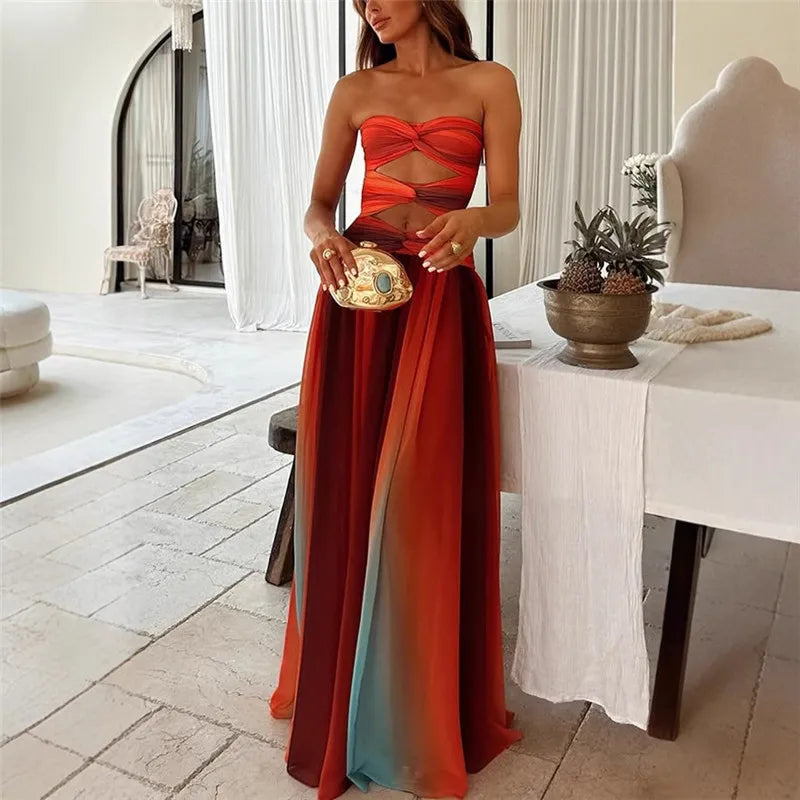 Women Summer Striped Tie-dye Color Twisted Texture Hollow Out Backless Strapless A-line Tube Long Dress Party Clubwear