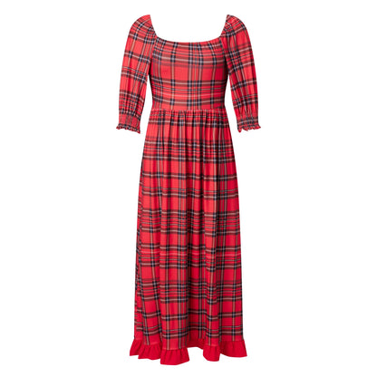 Women Christmas Holiday Tartan Plaid Long Dress Square Neck 3/4 Puff Sleeve Smocked Back Ruffle Hem Flowy Midi Dress