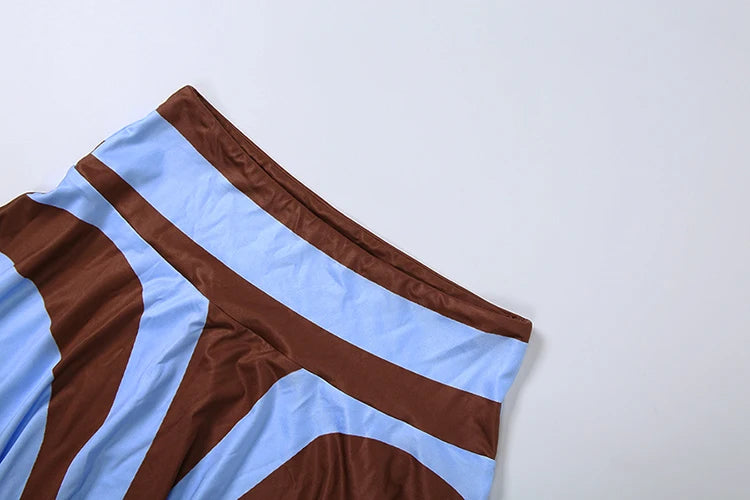 Sexy Fashion 2 Piece Set Woman Halter Long Rope+Skinny Tube Tops+Stripe Patchwork Mid Skirts Beach Party Style Suits