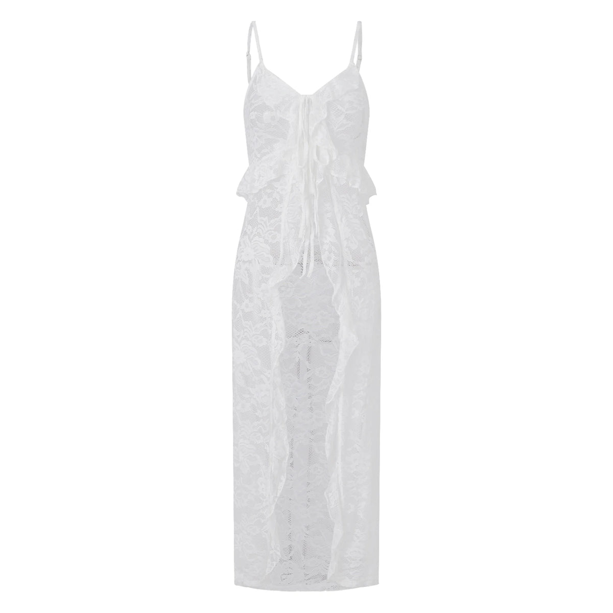 Women Spaghetti Strap Lace Maxi Cover Up Cami Dress Front Tie Ruffle Trim Sheer Long Kimono Summer Beach Vacation Outfit