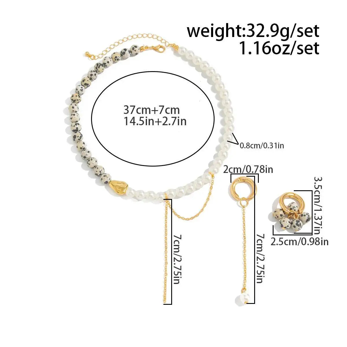 Retro Adjustable Metal Chain Choker Necklace with Imitation Pearls CCB Beads Women's Jewelry Set with Stud Earrings