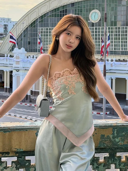Irregular Hem Tank Top Women Patchwork Satin Lace Flower Sweet Style Music Festival Beach Party Summer Streetwear