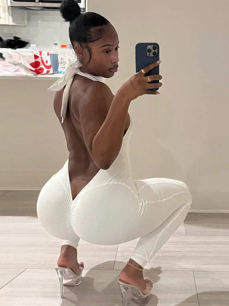 Hottie Jumpsuits Woman Bandage Halter Turtleneck Sexy Backless Sleeveless Skinny Peach Hip High Street Fashion Overalls