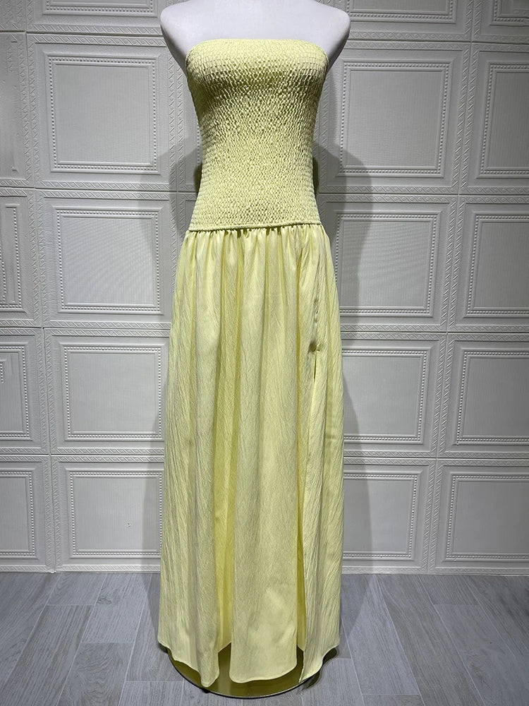 Off-shoulder Strapless Sexy Maxi Dress Women Elegant Sleeveless Backless Thigh High Split Pleated Club Party Long Dress