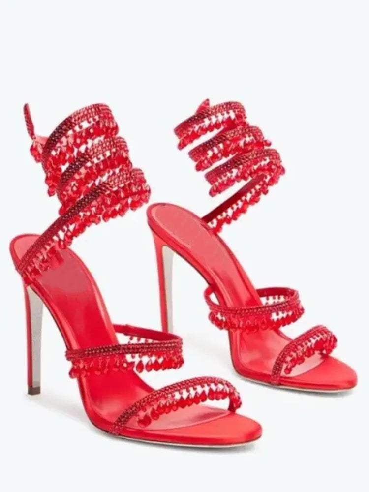 Women's New Water Diamond Sandals Fashion Tassel Crystal Shoes Sexy Banquet Party Twin Stiletto Women's Large Sandals