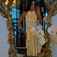 Elegant Backless Dress Women Fashion Classic Halter Ruched Patchwork Sleeveless Sexy Simple Party Club Long Bodycon