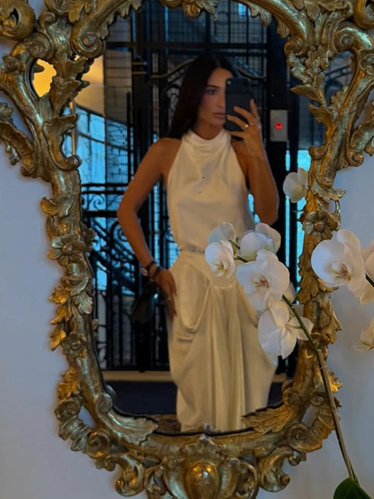 Elegant Backless Dress Women Fashion Classic Halter Ruched Patchwork Sleeveless Sexy Simple Party Club Long Bodycon