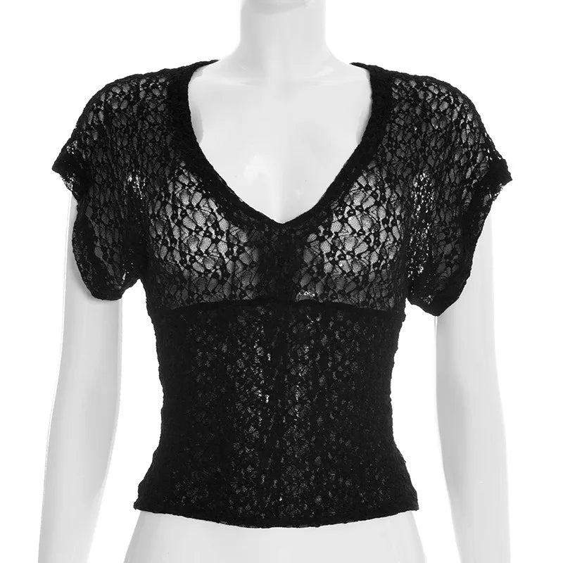 Black Lace Sheer V Neck Crop Top with Short Cap Sleeves Sexy T Shirts Fashion 2026 Woman Clothing