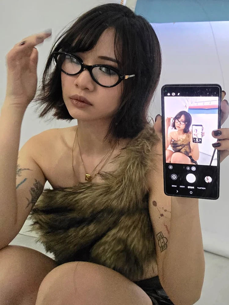 Off-Shoulder High Street Tank Tops Women Sexy Furry Coquette Simple Midnight Party Clubwear Hottie Wild Fashion Vests