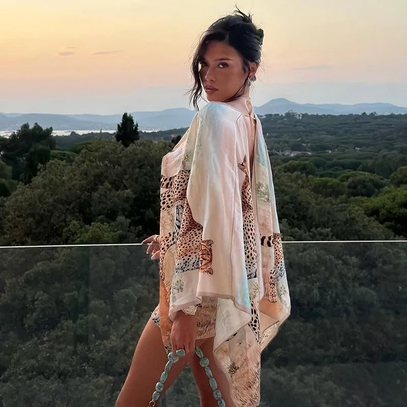 Animal Print Deep V-neck Mini Dress with Batwing Sleeves Sexy Backless Holiday Dresses Woman Clothing