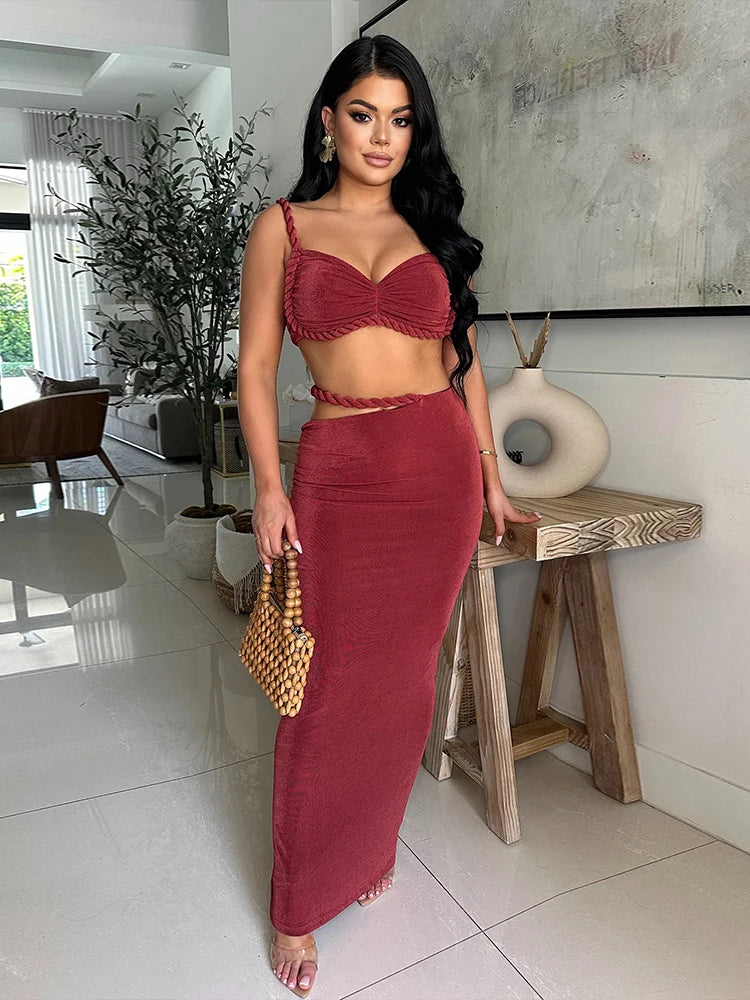 Velvet Y2K Sexy 2 Piece Set Women Vacation Ruched Plait Camisole+Hollow Skirts Bandage Beach Party Skinny Clubwear
