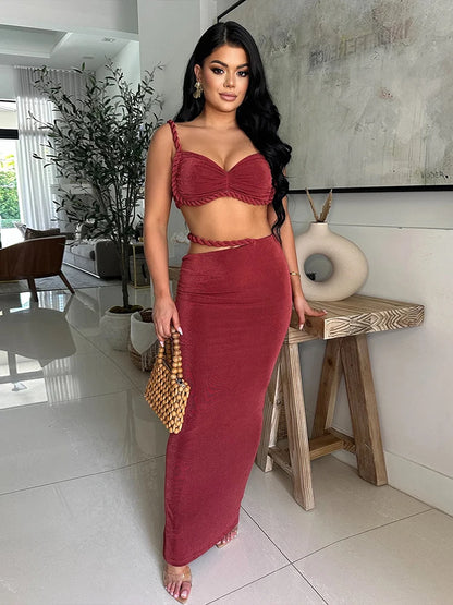 Velvet Y2K Sexy 2 Piece Set Women Vacation Ruched Plait Camisole+Hollow Skirts Bandage Beach Party Skinny Clubwear