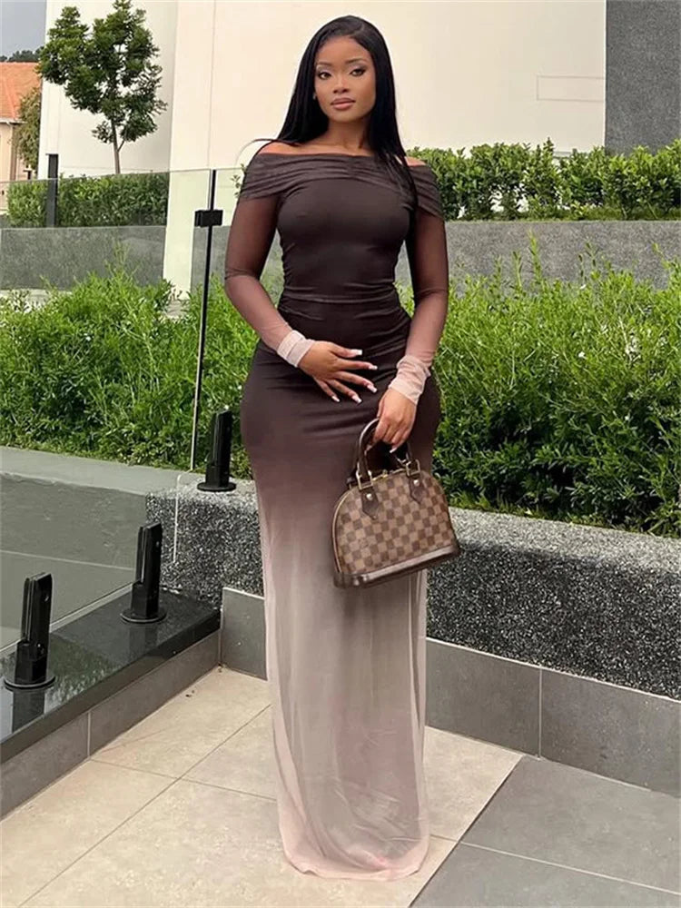 Mesh Gradient Maxi Dress Women Ruched Slash Neck Backless Full Sleeve Vacation Street Fashion Elegant Skinny Vestidos