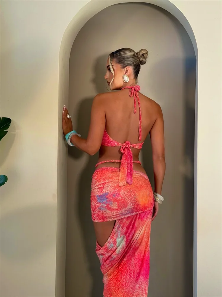 Plait 2 Piece Set Woven Y2K Summer Beach Vacation Halter Bandage Tank Tops+Hollow Slash Maxi Skirts Matching Clubwear