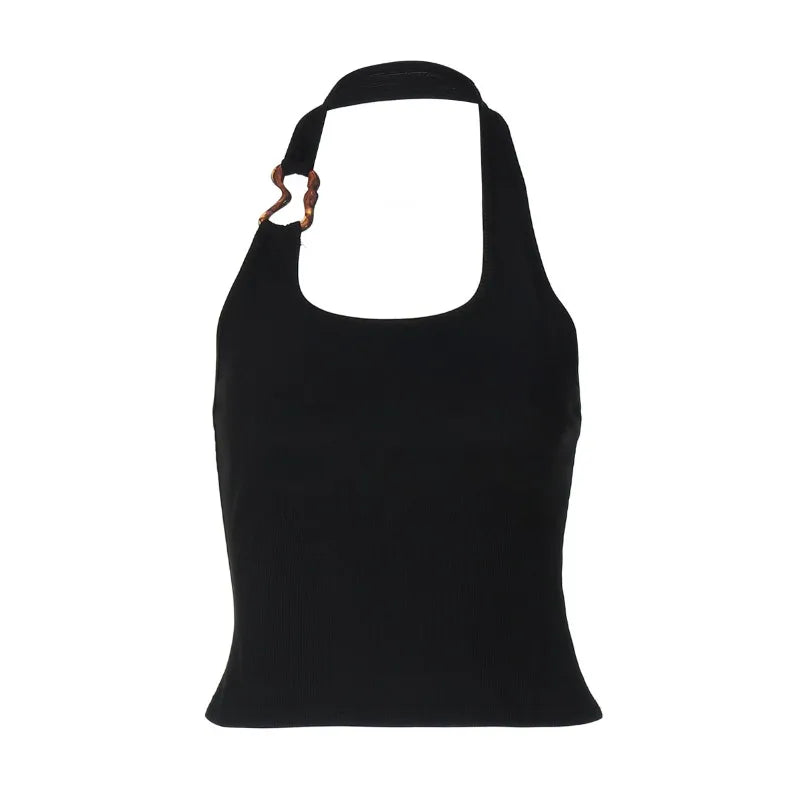 Hardwear Detail Halter Neck Open Back Tops Sexy Black White Ribbed Tight Fitted Tank Tops Clubwear Woman