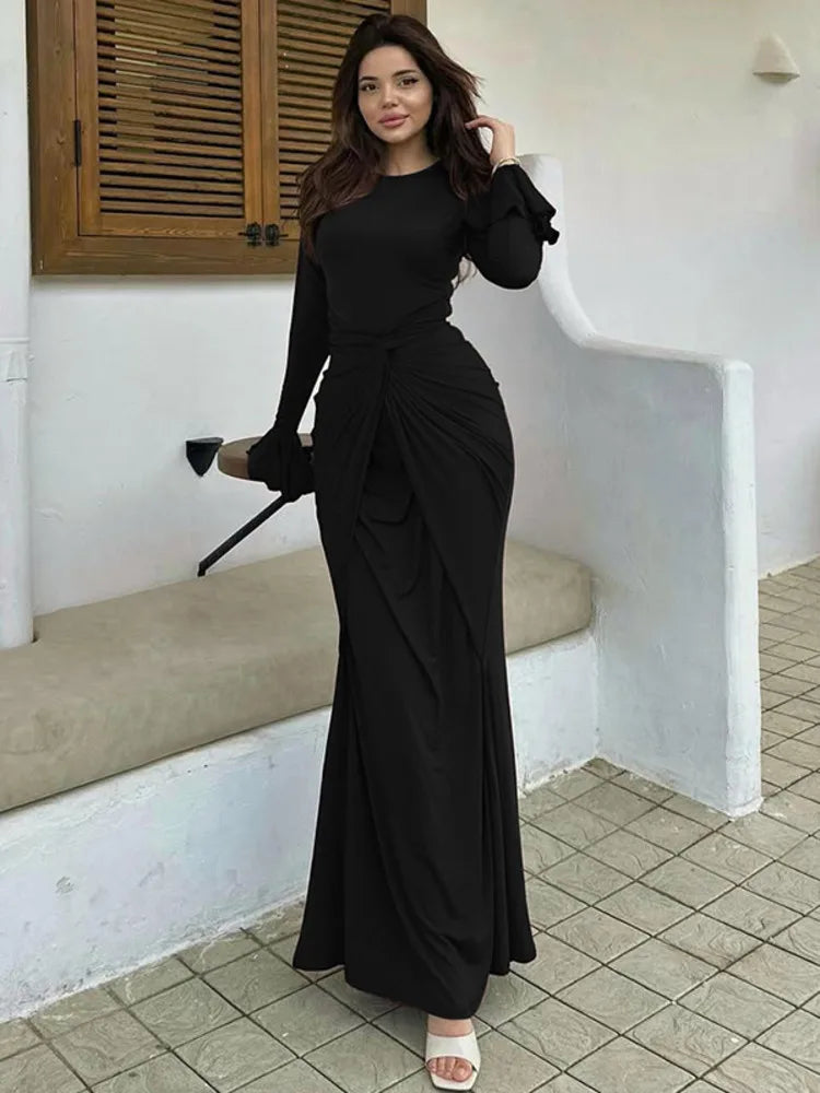 Flare Long Sleeve Draped Sexy Maxi Dress Women Gown Elegant O Neck High Waist Bodycon Club Party Long Dresses Female