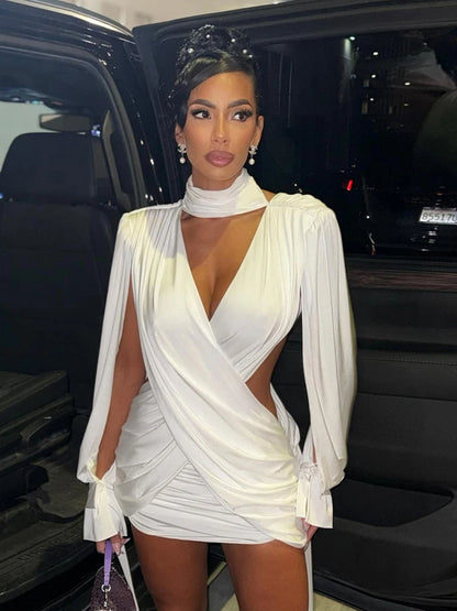 Waistless Dress Women Cross High Neck Bandage Tassel Slit Long Sleeve Backless Folds Sexy Midnight Party Mini Bodycon