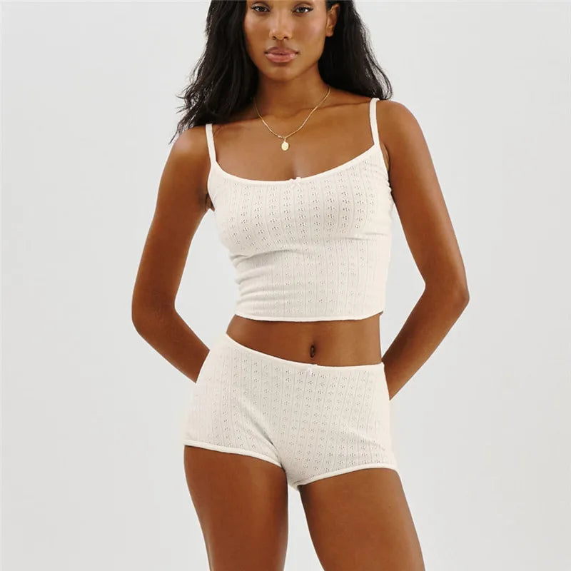 Women 2 Piece Cotton Lounge Set Long Sleeve/Spaghetti Strap Ribbed Knit Crop Top Bodycon Shorts Solid Pajama Sleepwear
