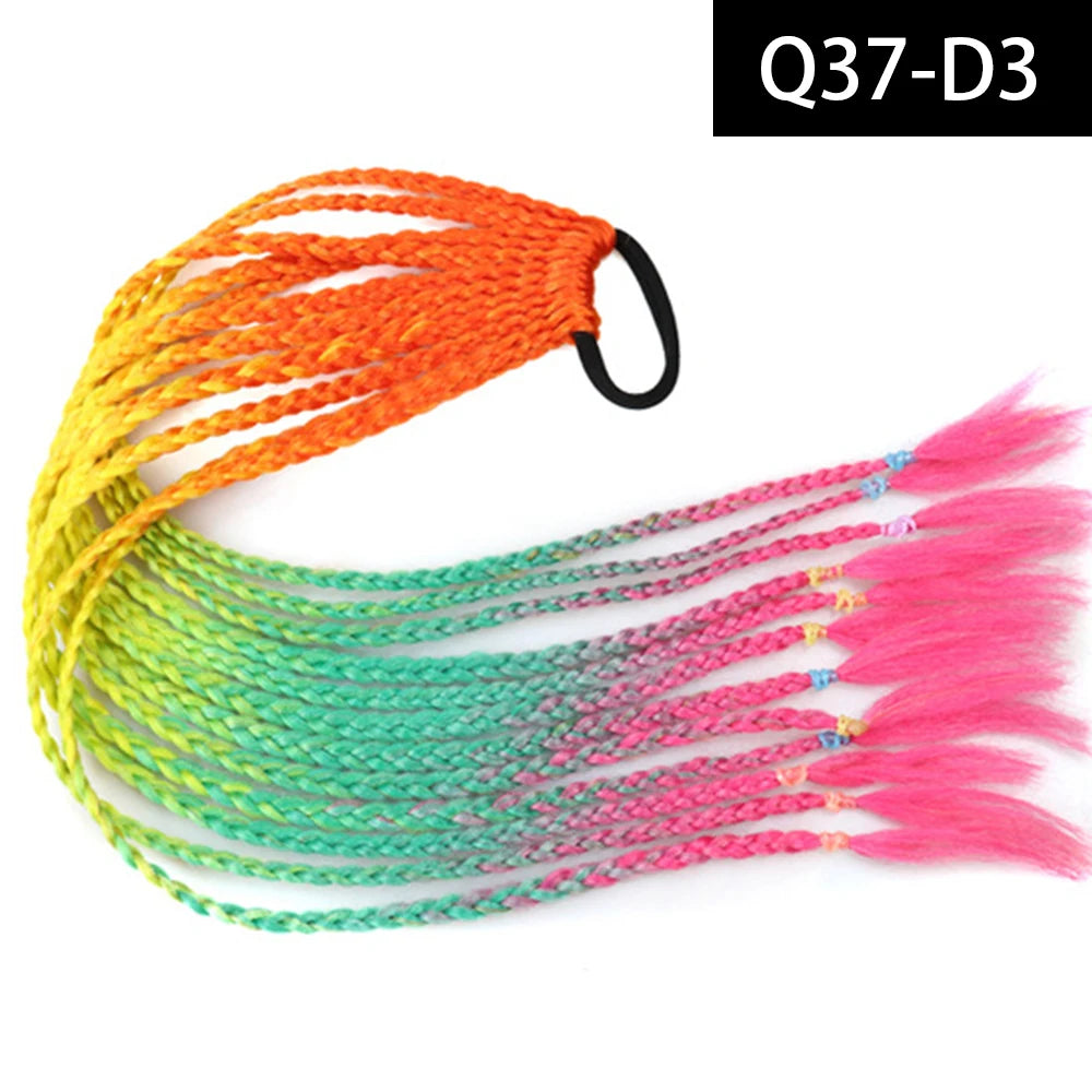 Synthetic Colored Braided Ponytail Hair Extension Rainbow Color Braids Pony Tail With Elastic Band Girl's Pigtail