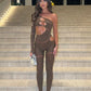 Shine Rhinestones Jumpsuits Women Irregular Hollow Skew Collar Single Sleeve Hottie Sexy Coquettish Clubwear Overalls