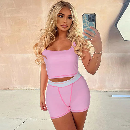 Ribbed Two Piece Set Crop Top and Shorts Pink Outfit for Woman Workout Set Baddie Summer Clothes Women