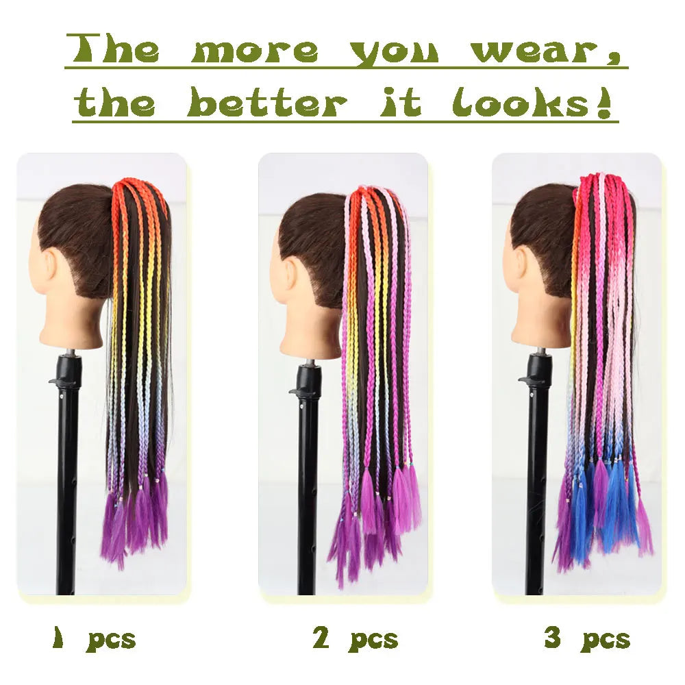 Synthetic Colored Braided Ponytail Hair Extension Rainbow Color Braids Pony Tail With Elastic Band Girl's Pigtail